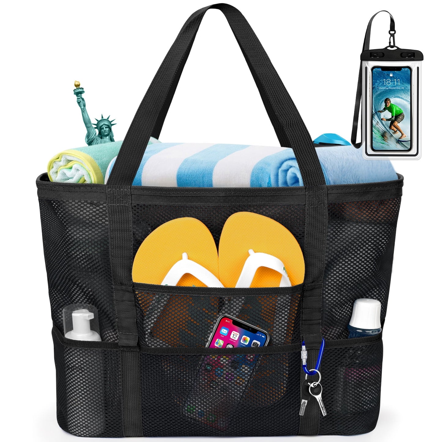 Mesh Beach Bag Rope Handles, Mesh Tote Bag for Women Contains Wicker Oversized Beach Tote Bag with 9 Small Pockets (Jellyfish)